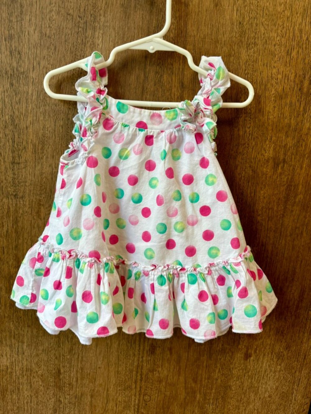 Girls White Summer Dress with Pink & Teal Polka Dots and White Slip Size 24 mo.